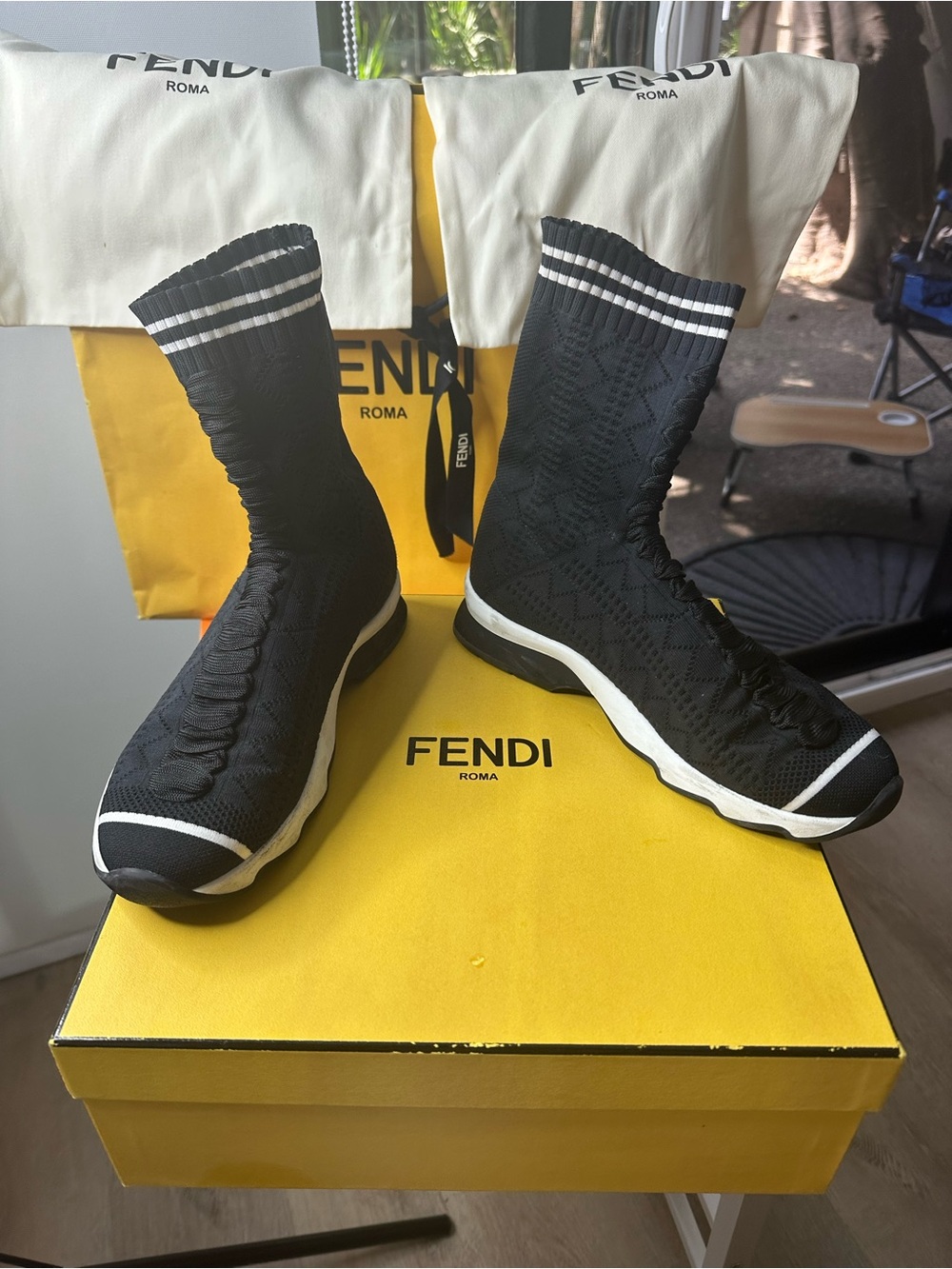 Fendi Black Knit Athletic Sock Sneakers with White Trim